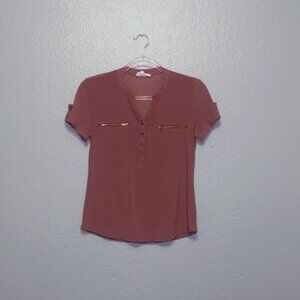 Women's Maroon V Neck Zip Cuffed Sleeve Flowy Business Casual Blouse | Small